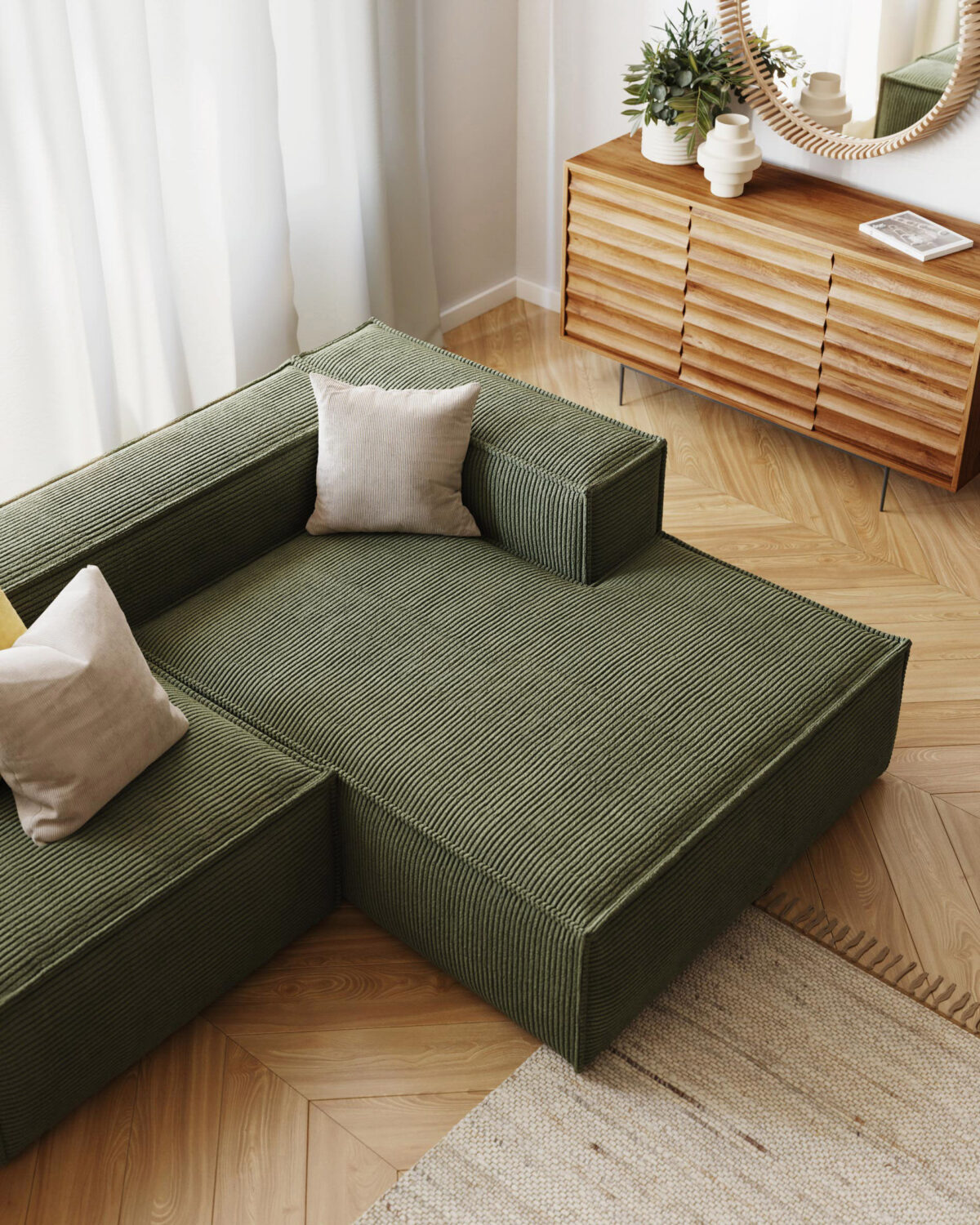 Kave Home Blok 2-zitsbank in dik groen ribfluweel en met chaise longue rechts 240 cm FSC Mix Credit - Afbeelding 3