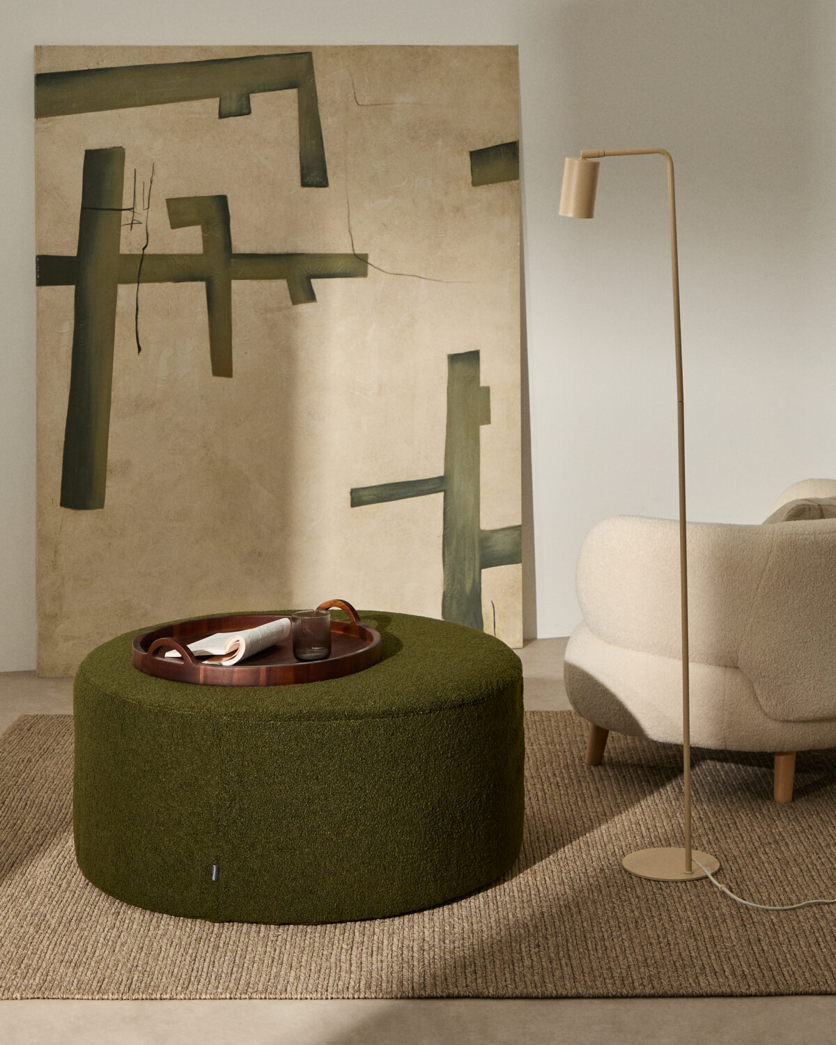 Kave Home Kaeli voetenbank met afneembare hoes in groen bouclé Ø 90 cm - Afbeelding 2