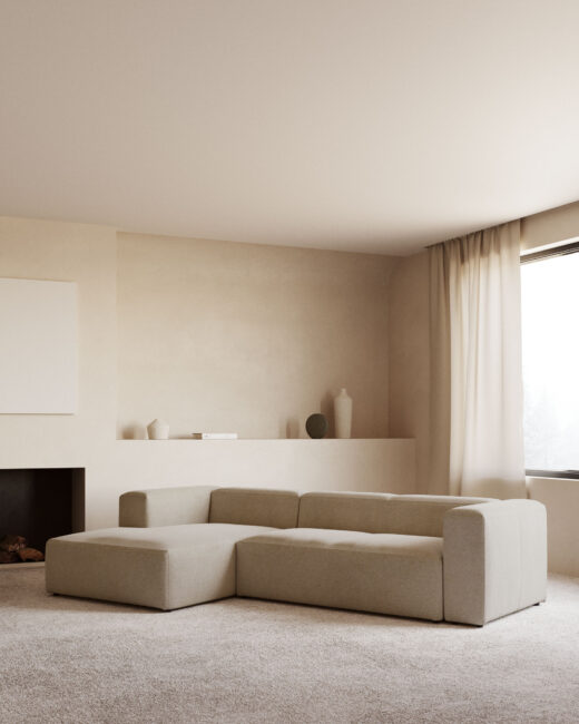 Kave Home Blok 3-zitsbank in beige chenille en met chaise longue links 300 cm FSC Mix Credit