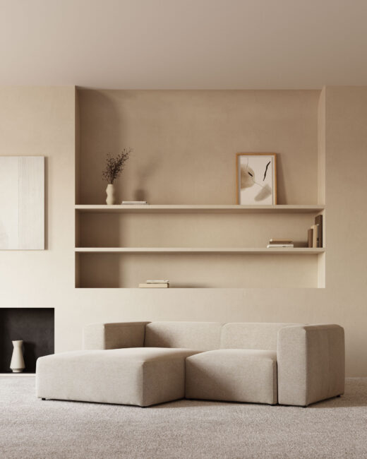 Kave Home Blok 2-zitsbank in beige chenille met een chaise longue links 240 cm FSC Mix Credit