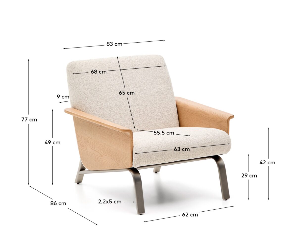 Kave Home Amsen fauteuil in beige met eiken multiplex en poten van geborsteld roestvrij staal - Afbeelding 9