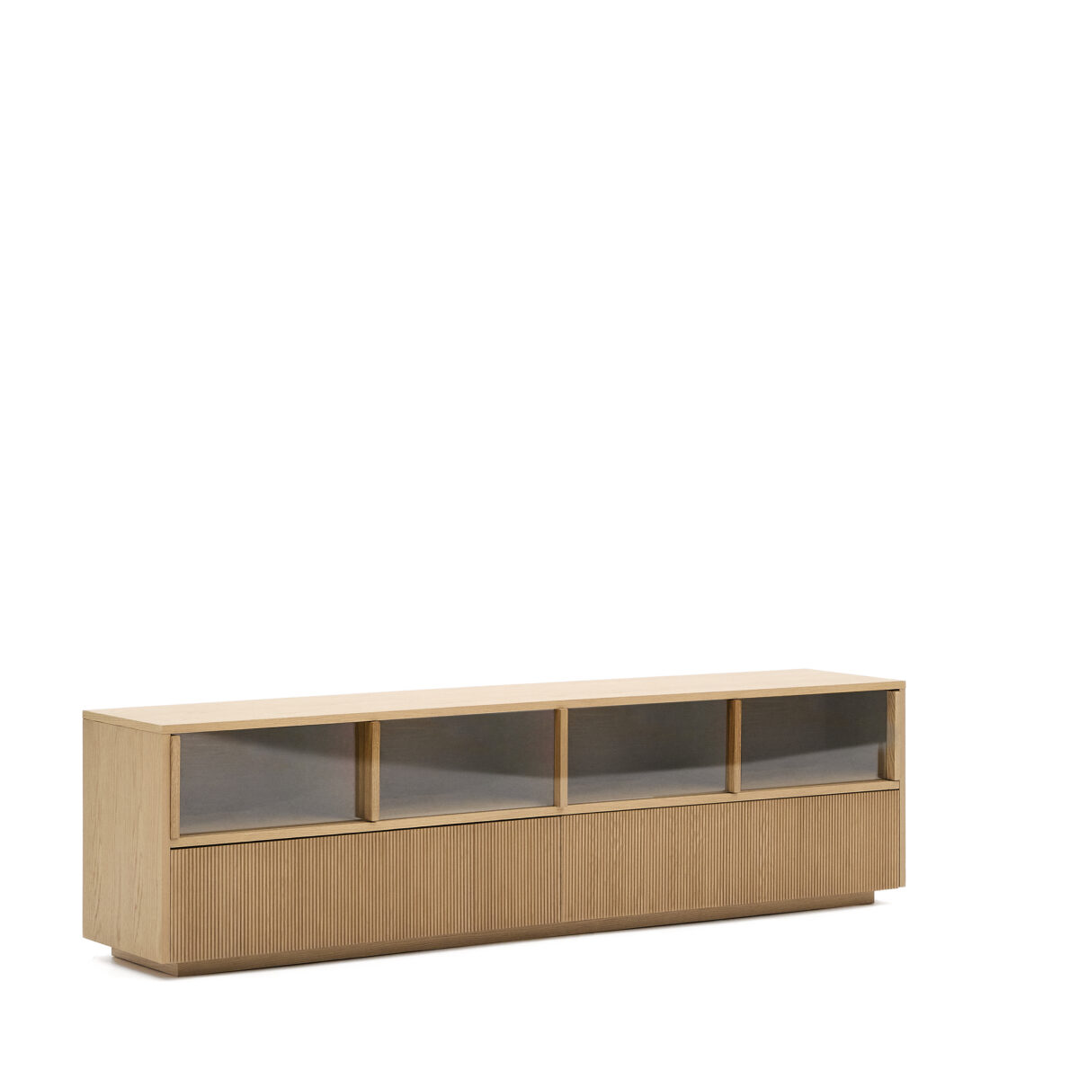 Kave Home Helvine tv-meubel 4 deuren en 2 laden van eikenfineer en gehard glas 200 x 54 cm. FSC 100% - Afbeelding 5