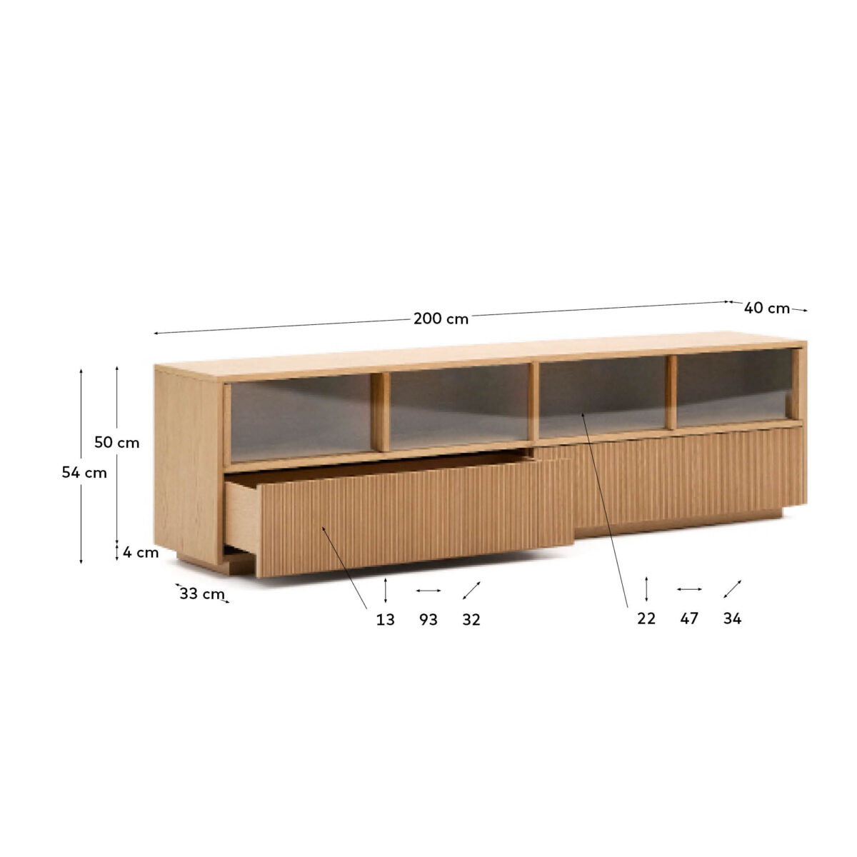 Kave Home Helvine tv-meubel 4 deuren en 2 laden van eikenfineer en gehard glas 200 x 54 cm. FSC 100% - Afbeelding 7