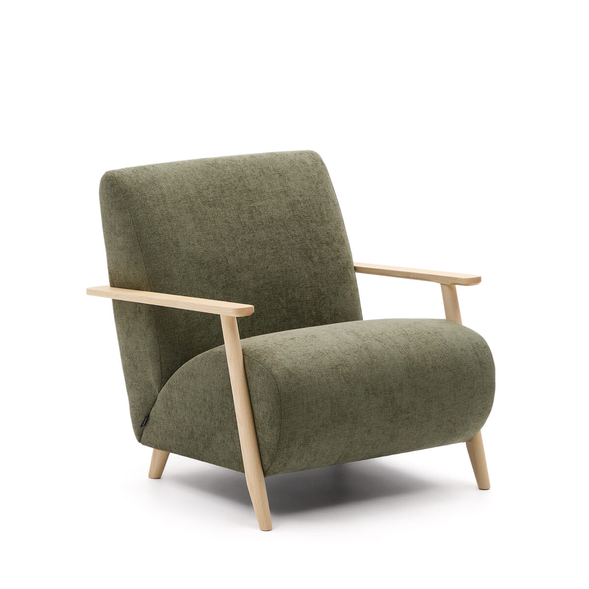 Kave Home Fauteuil Meghan in groene chenille en van massief essenhout in naturel afwerking FSC Mix Credit