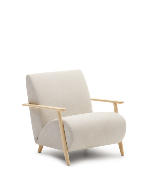 Kave Home Fauteuil Meghan in parelkleurige chenille en van massief essenhout in naturel afwerking FSC Mix Credit