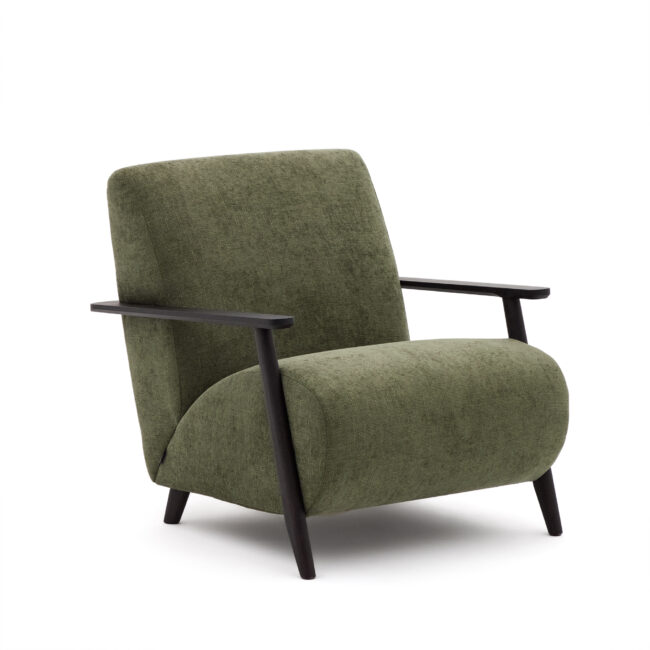 Kave Home Fauteuil Meghan in groene chenille en van massief essenhout met wengé afwerking FSC Mix Credit