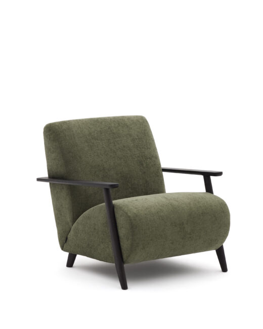 Kave Home Fauteuil Meghan in groene chenille en van massief essenhout met wengé afwerking FSC Mix Credit