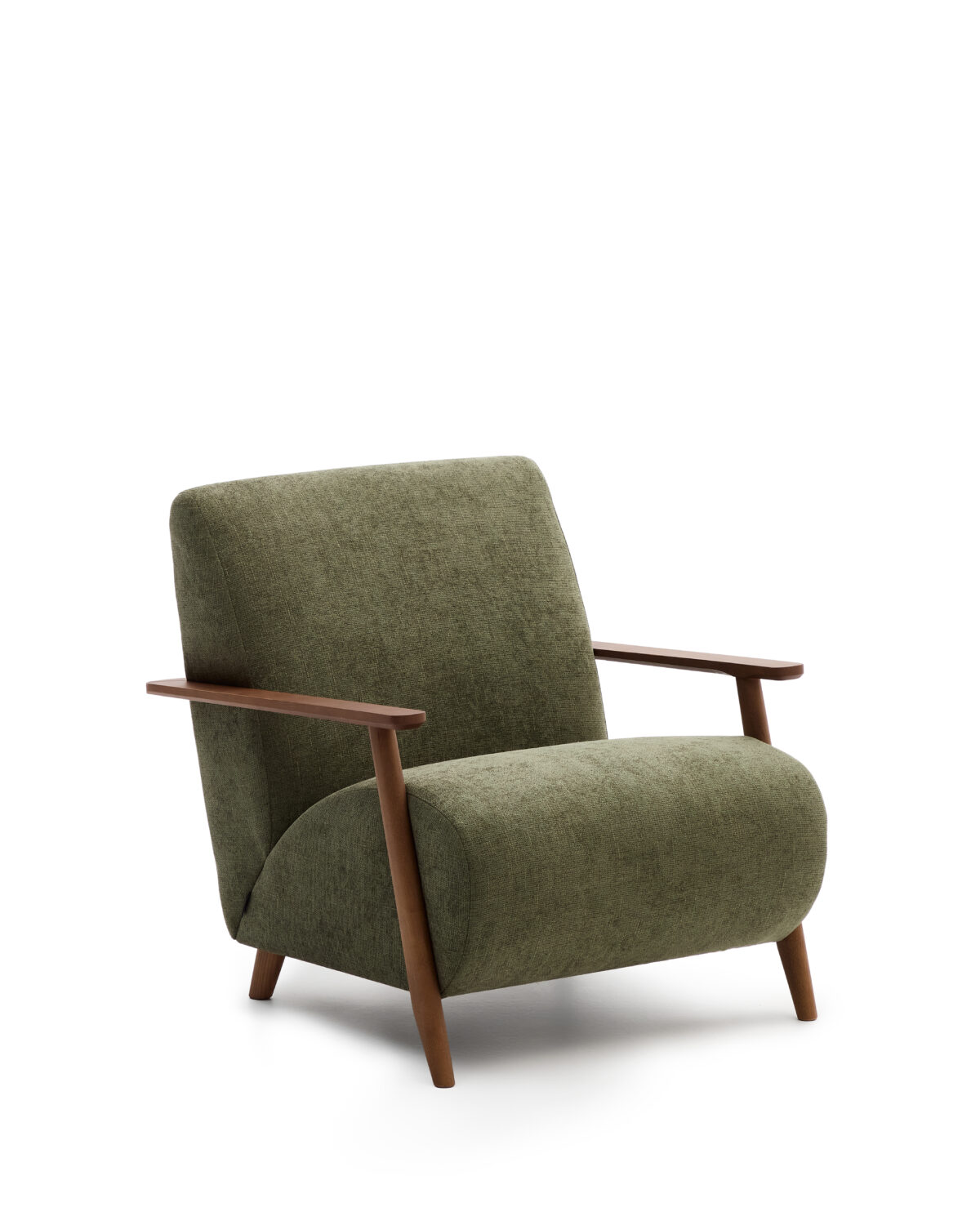 Kave Home Meghan fauteuil van groen chenille massief essenhout met notenhout afwerking FSC Mix Credit