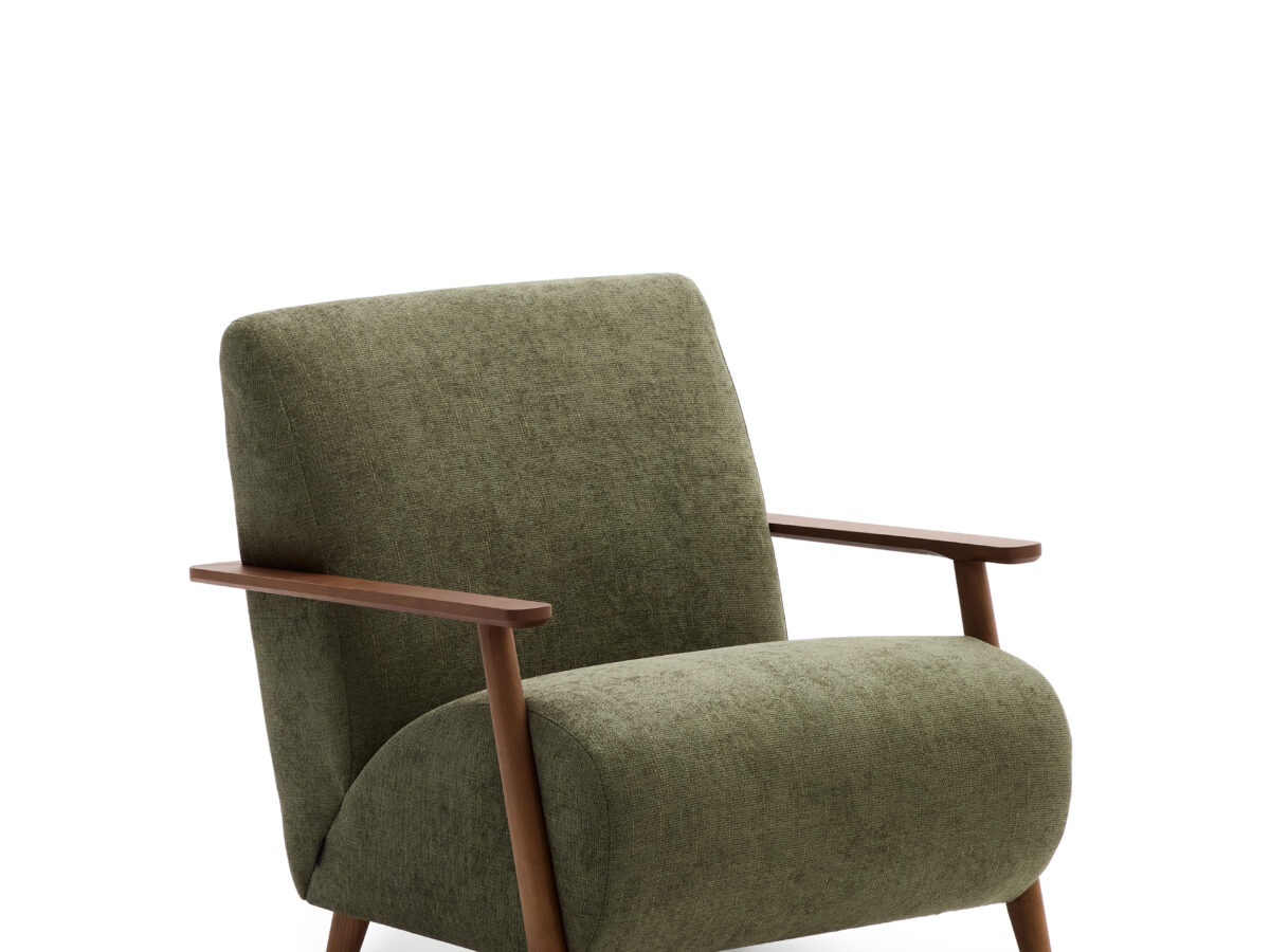 Kave Home Meghan fauteuil van groen chenille massief essenhout met notenhout afwerking FSC Mix Credit