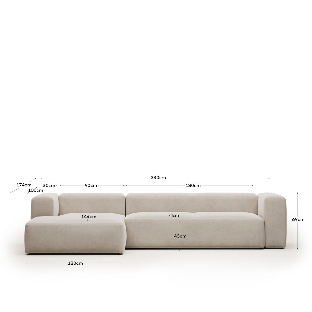 Kave Home Blok 4-zitsbank in beige chenille en met chaise longue links 330 cm FSC Mix Credit - Afbeelding 9