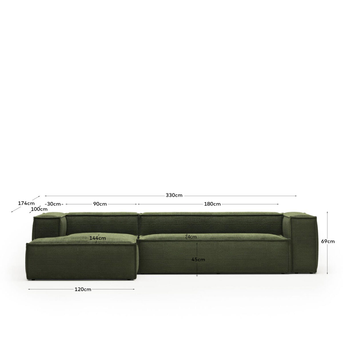 Kave Home Blok 4-zitsbank in dik groen ribfluweel en met chaise longue links 330 cm FSC Mix Credit - Afbeelding 9