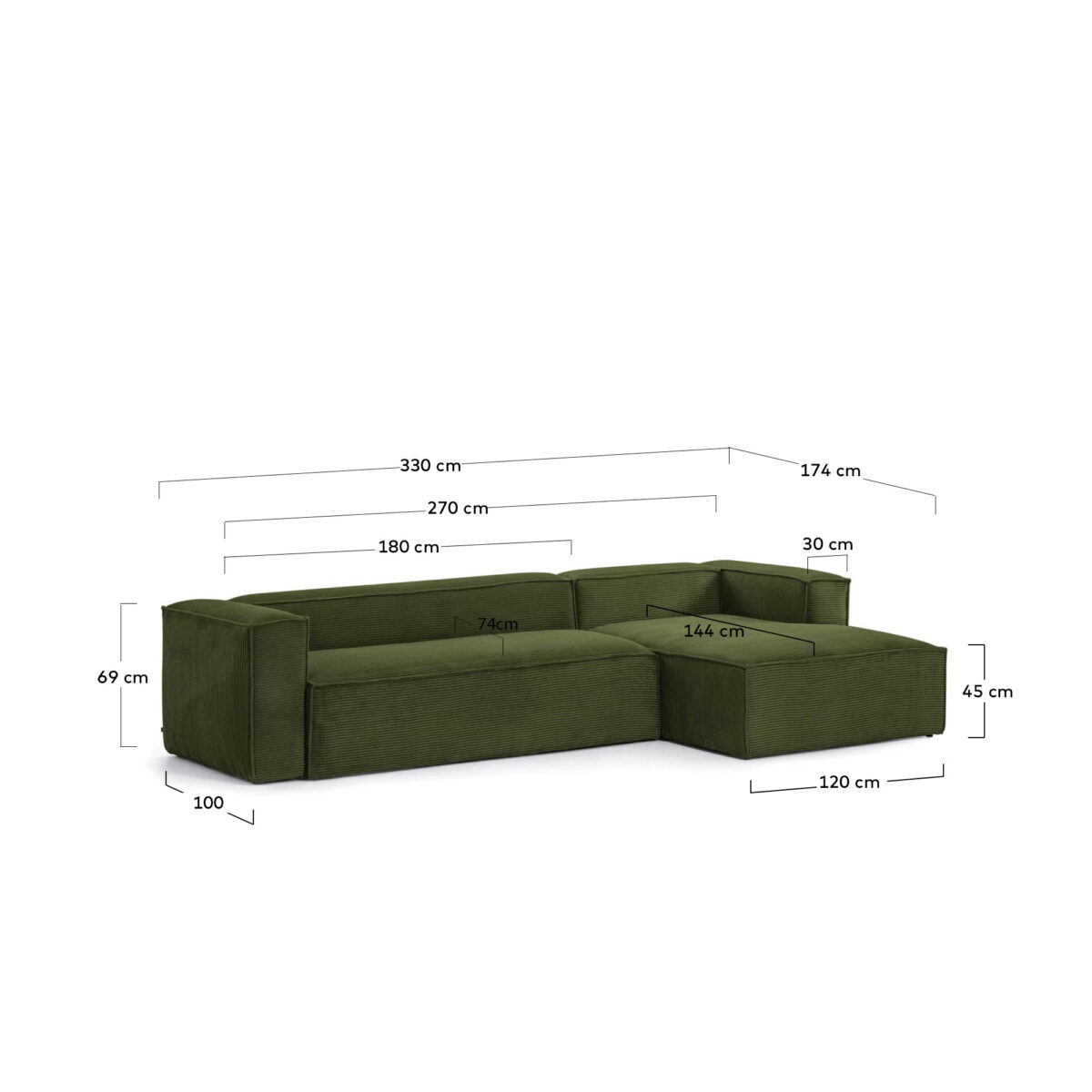 Kave Home Blok 4-zitsbank in dik groen ribfluweel en met chaise longue rechts 330 cm FSC Mix Credit - Afbeelding 9
