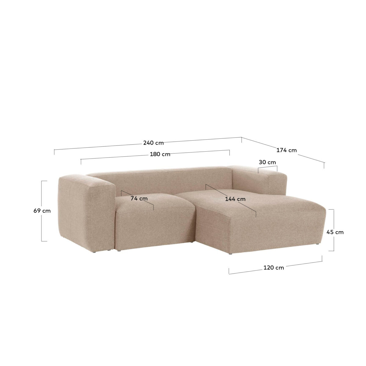 Kave Home Blok 2-zitsbank in beige chenille met een chaise longue rechts 240 cm FSC Mix Credit - Afbeelding 9