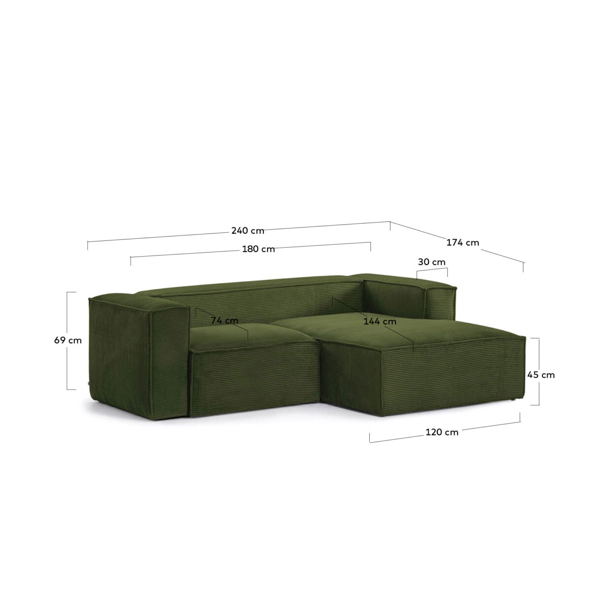 Kave Home Blok 2-zitsbank in dik groen ribfluweel en met chaise longue rechts 240 cm FSC Mix Credit - Afbeelding 9