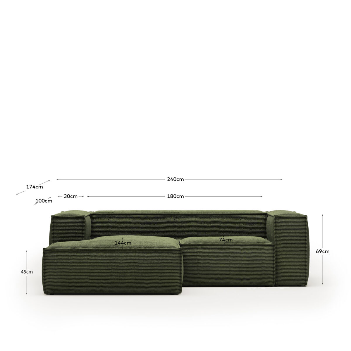 Kave Home Blok 2-zitsbank in dik groen ribfluweel en met chaise longue links 240 cm FSC Mix Credit - Afbeelding 8