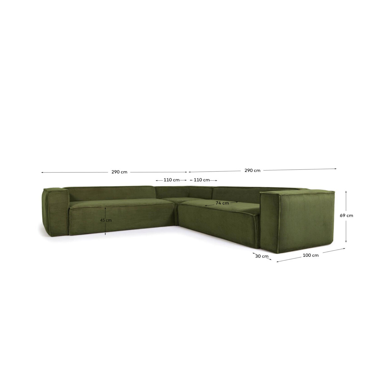 Kave Home Blok 4-zitshoekbank in dik groen ribfluweel 290 x 290 cm FSC Mix Credit - Afbeelding 7