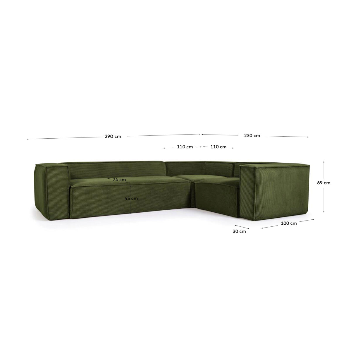 Kave Home Blok 3-zitshoekbank in dik groen ribfluweel 290 x 230 cm / 230 cm 290 cm FSC Mix Credit - Afbeelding 7