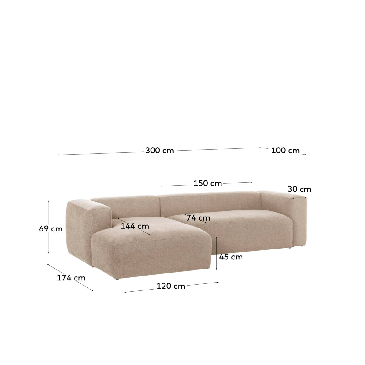 Kave Home Blok 3-zitsbank in beige chenille en met chaise longue links 300 cm FSC Mix Credit - Afbeelding 8