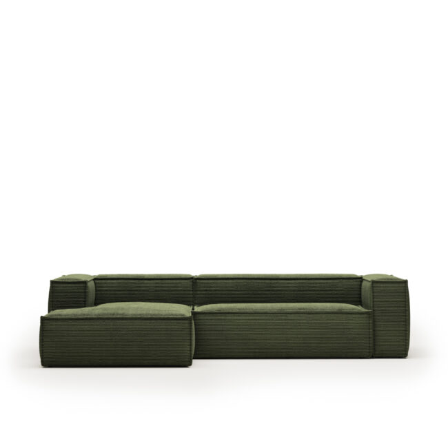 Kave Home Blok 3-zitsbank in dik groen ribfluweel en met chaise longue links 300 cm FSC Mix Credit