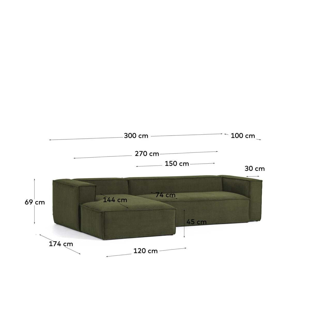 Kave Home Blok 3-zitsbank in dik groen ribfluweel en met chaise longue links 300 cm FSC Mix Credit - Afbeelding 9