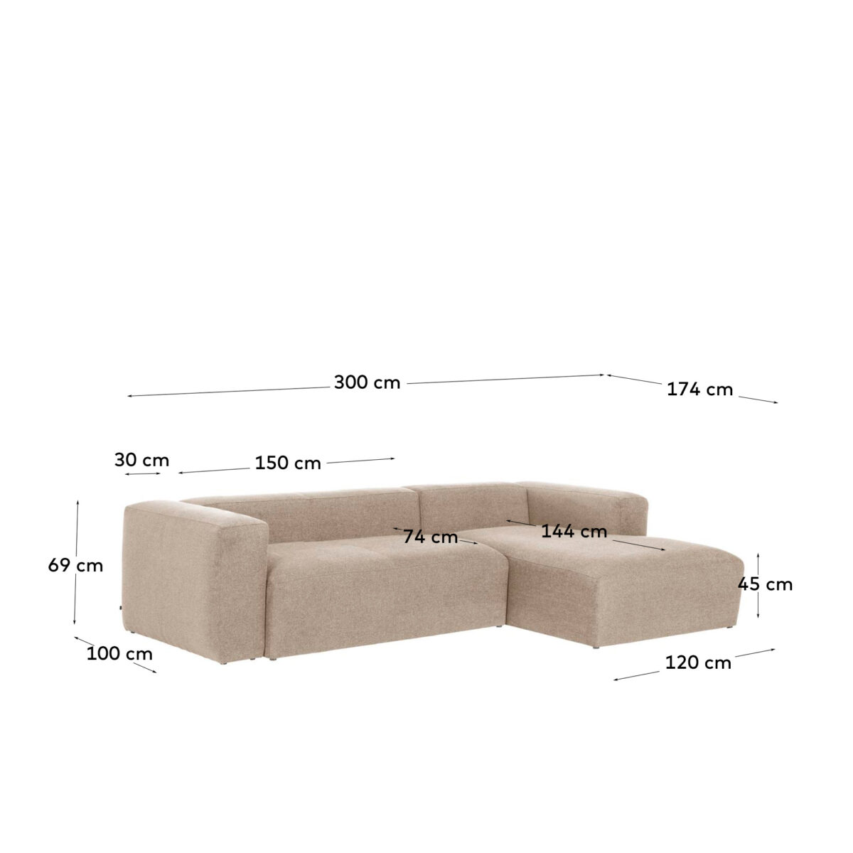 Kave Home Blok 3-zitsbank in beige chenille en met chaise longue rechts 300 cm FSC Mix Credit - Afbeelding 8
