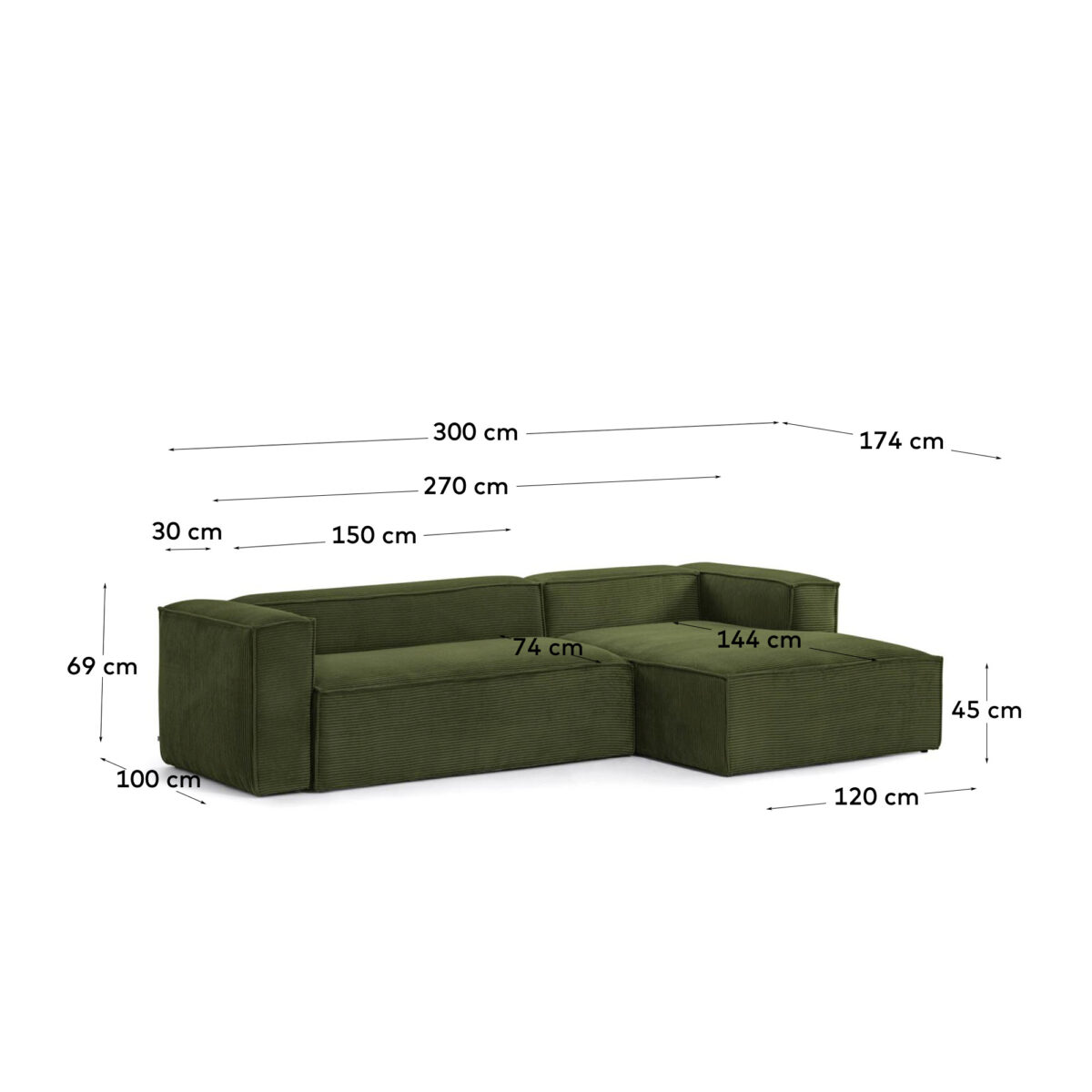 Kave Home Blok 3-zitsbank met dik groen ribfluweel en chaise longue rechts 300 cm FSC Mix Credit - Afbeelding 9