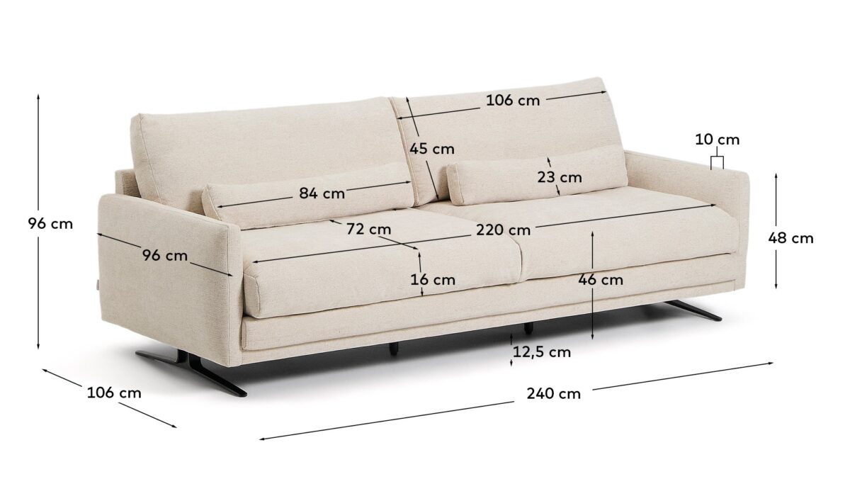 Kave Home Veliro 3-zitsbank in beige chenille met stalen poten in zwart 240 cm FSC Mix Credit - Afbeelding 9