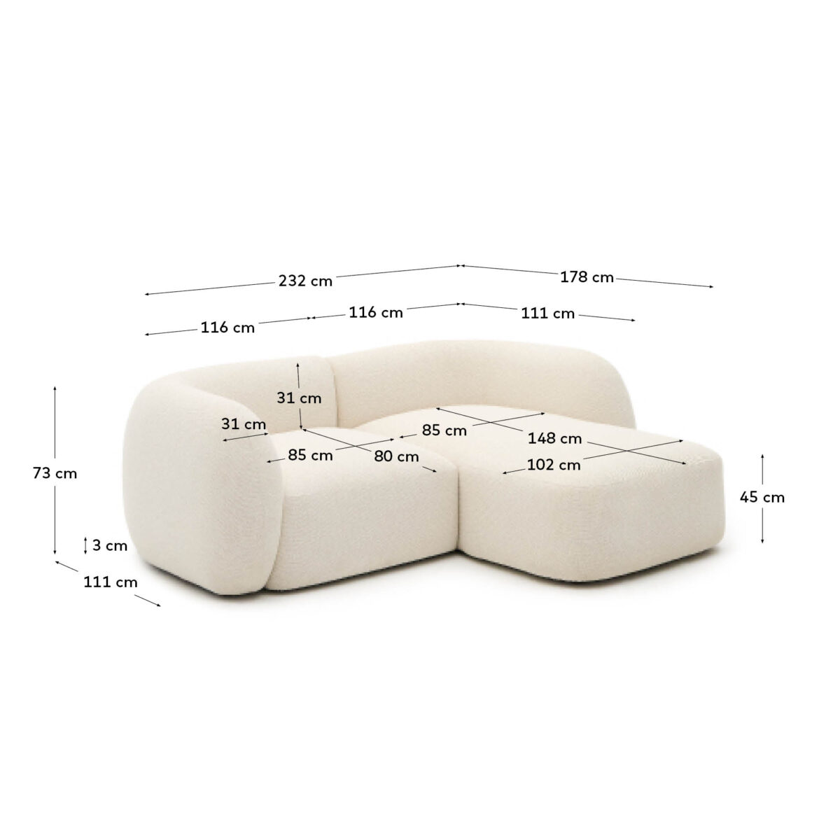 Kave Home Martina modulaire 2-zitsbank in ecru chenille met chaise longue rechts 230 cm - Afbeelding 10