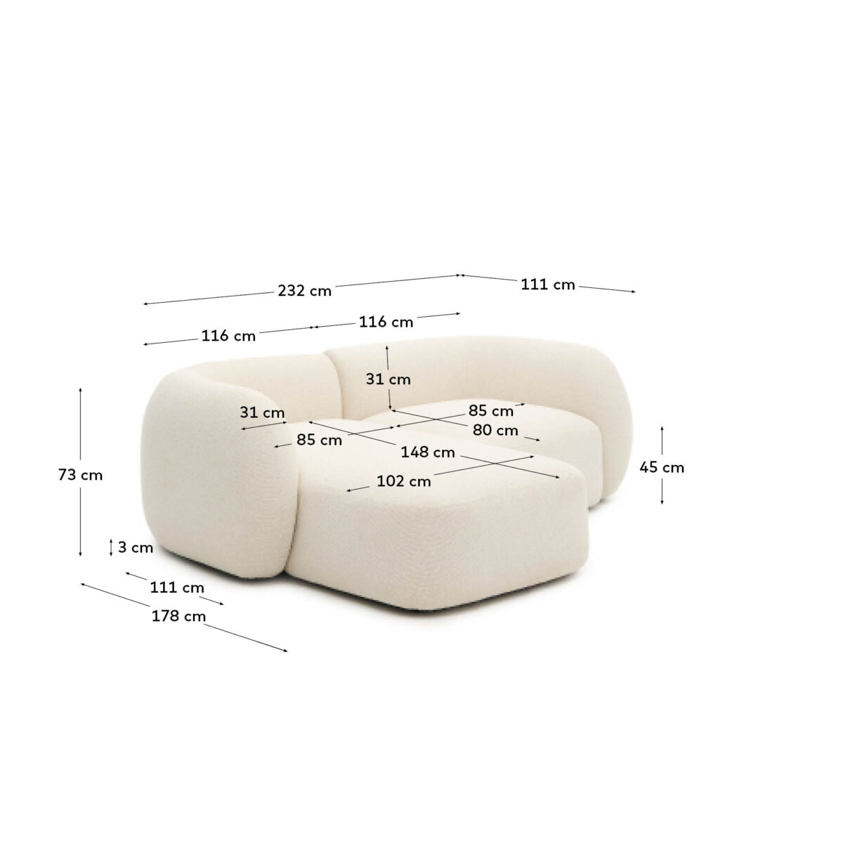 Kave Home Martina modulaire 2-zitsbank in ecru chenille met chaise longue links 230 cm - Afbeelding 11
