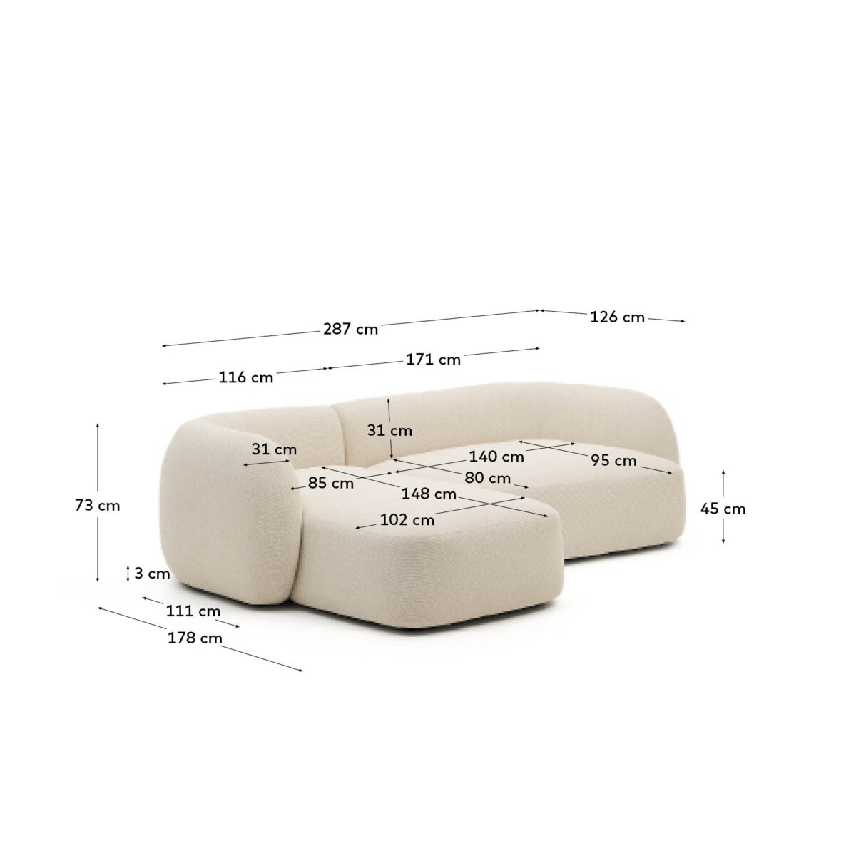 Kave Home Martina modulaire 3-zitsbank in ecru chenille met chaise longue links 287 cm - Afbeelding 12