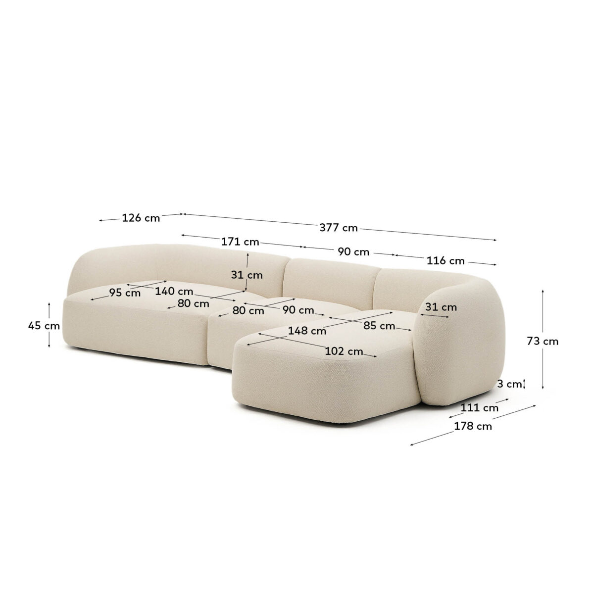 Kave Home Martina modulaire 4-zitsbank in ecru chenille met chaise longue rechts 377 cm - Afbeelding 10