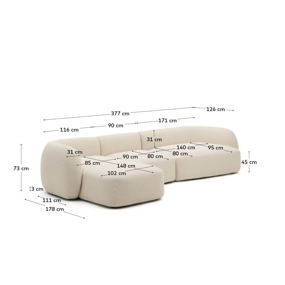 Kave Home Martina modulaire 4-zitsbank in ecru chenille met chaise longue links 377 cm - Afbeelding 11