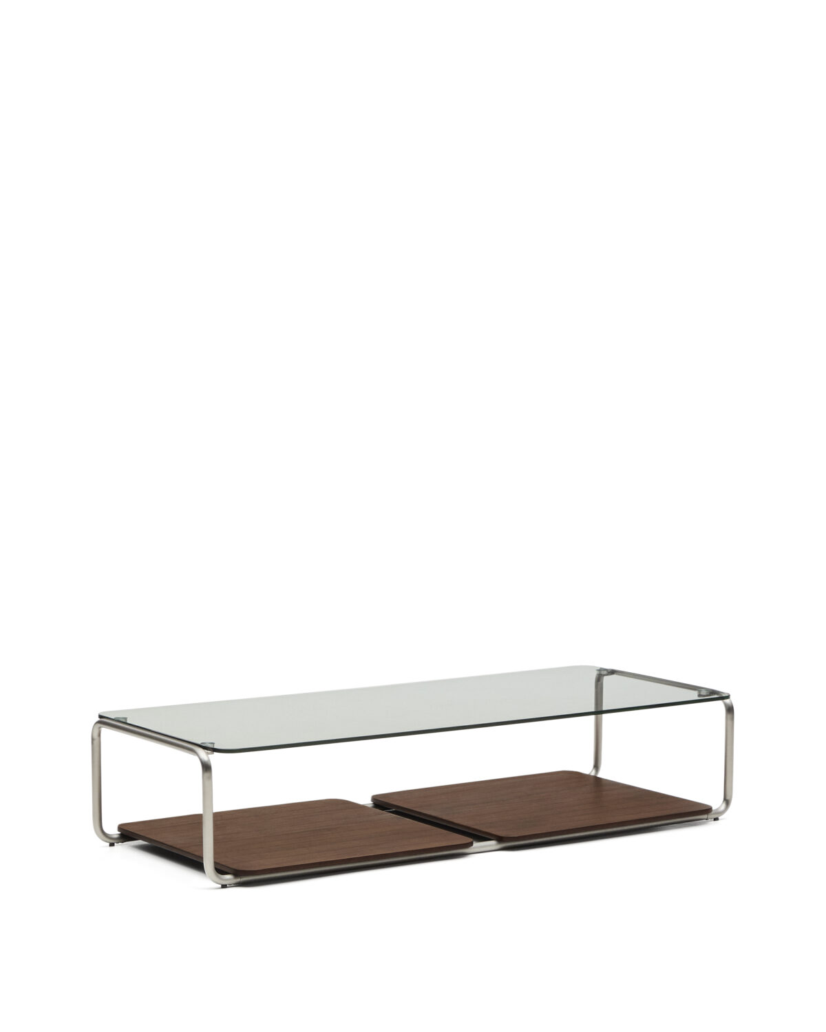 Kave Home Tarsel salontafel van gehard glas en een walnootfineer blad met geborsteld roestvrij stalen frame 140 x 60 cm - Afbeelding 8