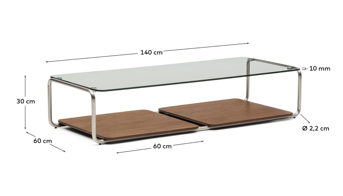 Kave Home Tarsel salontafel van gehard glas en een walnootfineer blad met geborsteld roestvrij stalen frame 140 x 60 cm - Afbeelding 9