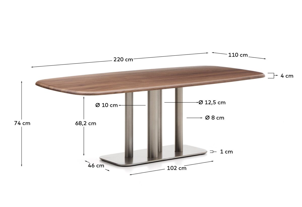 Kave Home Melvar tafel gemaakt van walnootfineer en poten en onderstel van geborsteld roestvrij staal 220 x 110 cm - Afbeelding 7