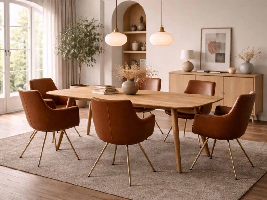 MOVANI Sarah eettafel met cognac stoelen in een lichte eetkamer