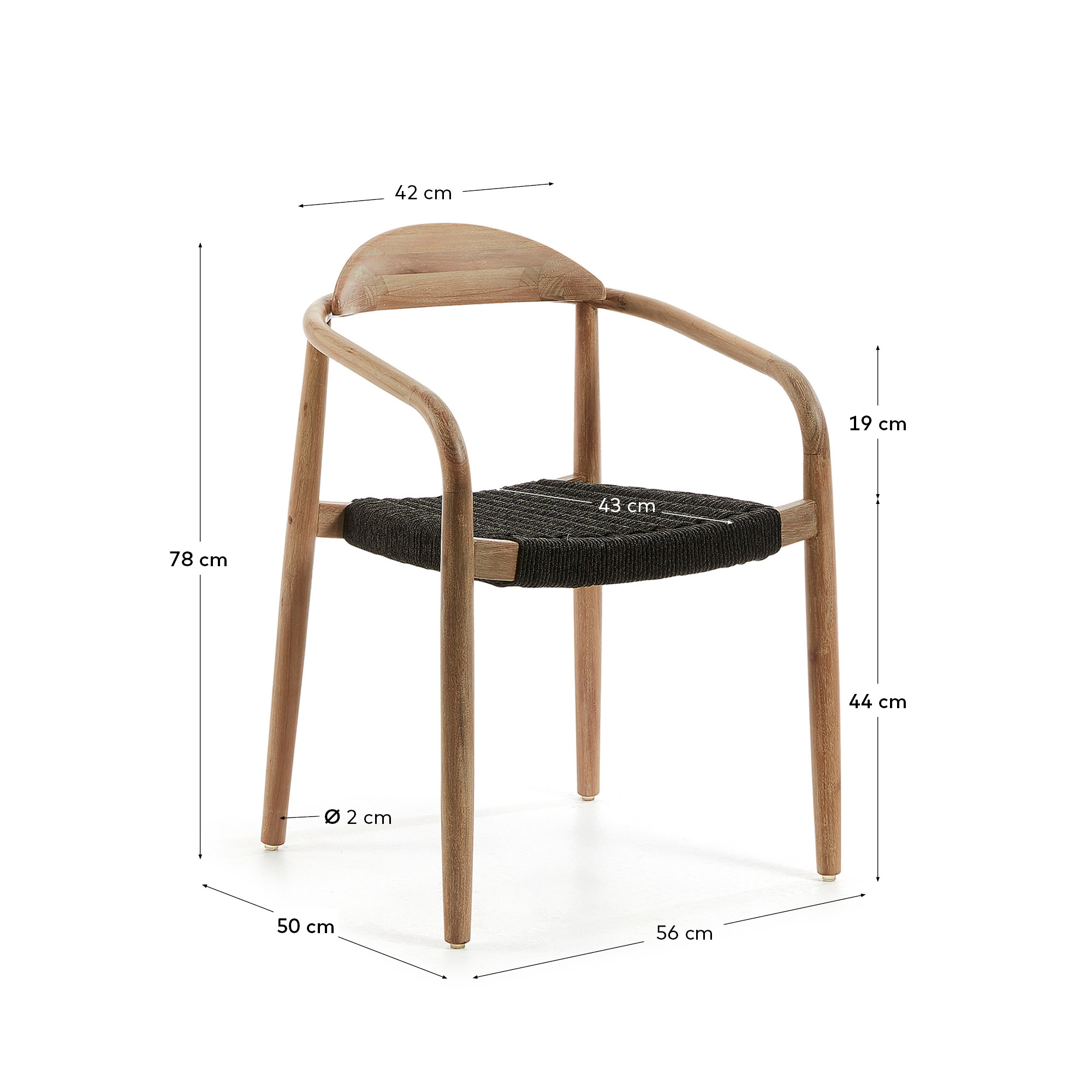 Kave Home Nina stapelbare stoel van massief acaciahout en zwart touw FSC 100% - Afbeelding 14