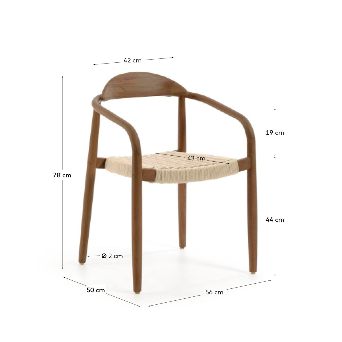Kave Home Nina stapelbare stoel van massief acaciahout met walnootafwerking en beige touw FSC 100% - Afbeelding 15