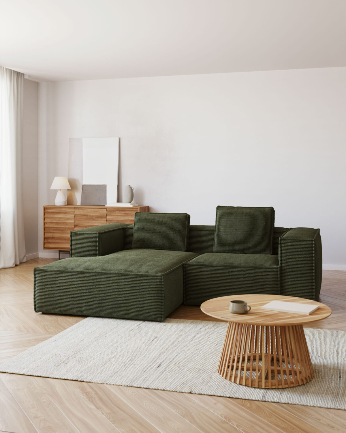 Kave Home Blok 2-zitsbank in dik groen ribfluweel en met chaise longue links 240 cm FSC Mix Credit - Afbeelding 10