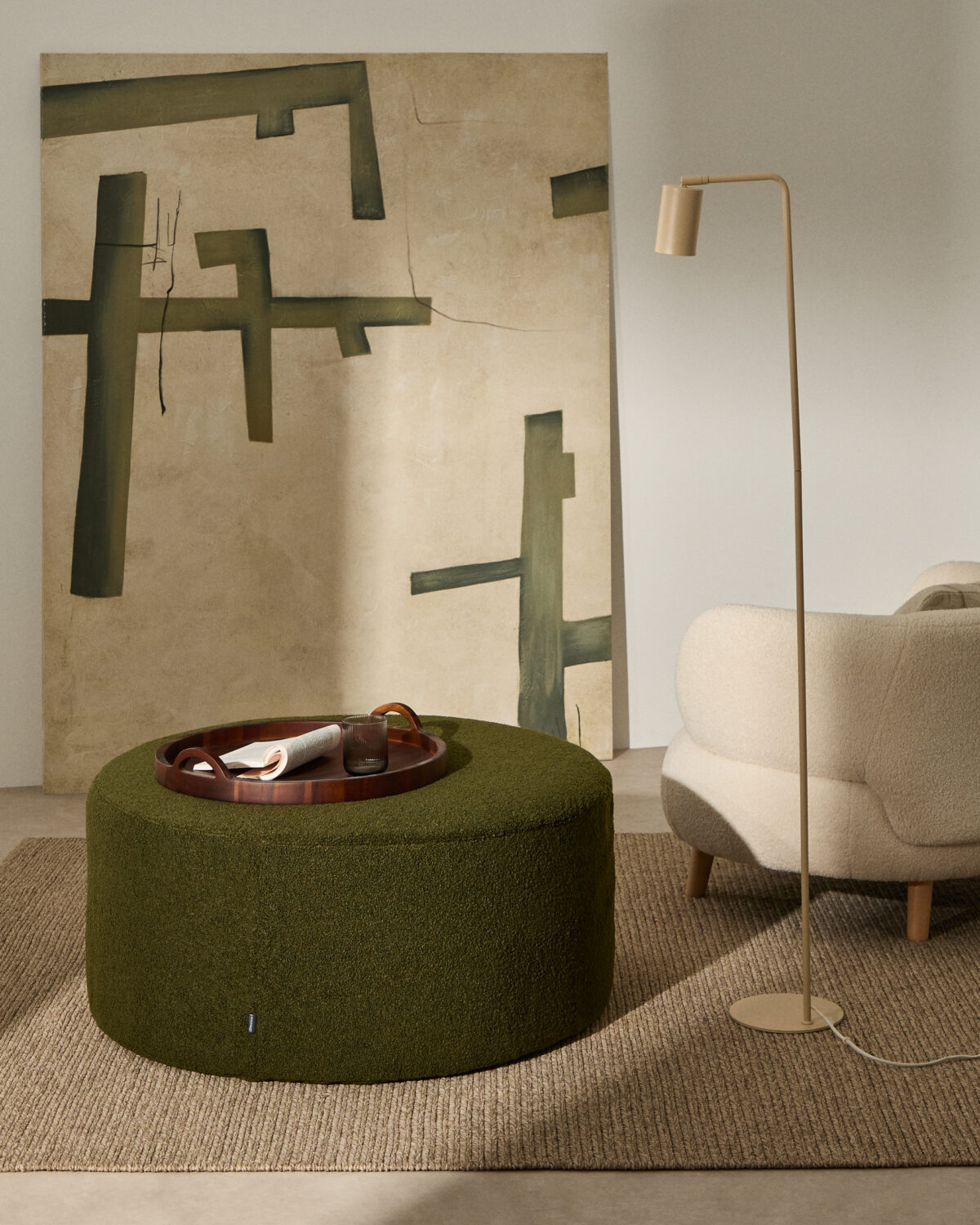 Kave Home Kaeli voetenbank met afneembare hoes in groen bouclé Ø 90 cm - Afbeelding 6