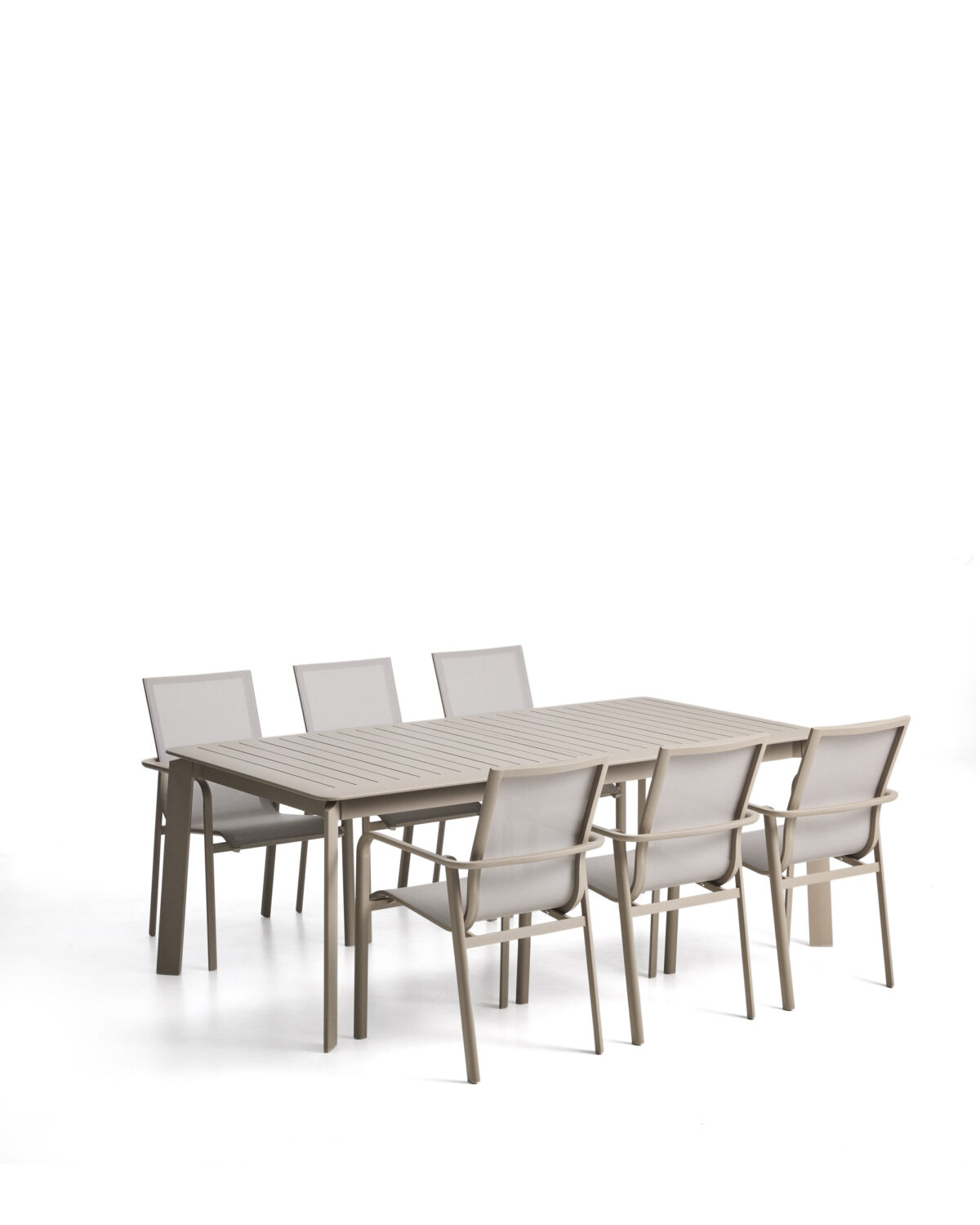 Kave Home Set Brela uitschuifbare tafel aluminium taupe met 6 stapelbare Canea stoelen aluminium taupe en beige texteline 205(287)x100 cm