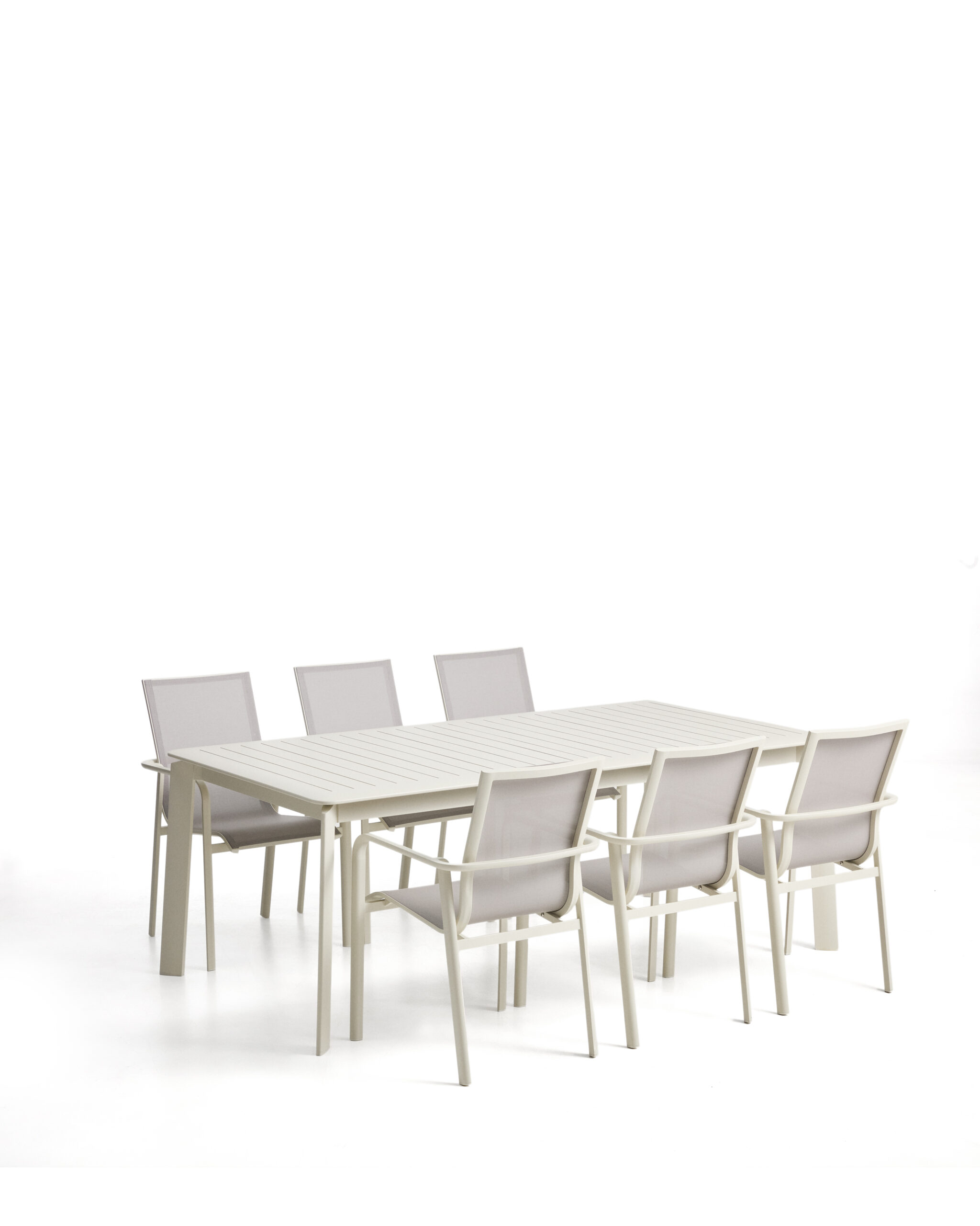 Kave Home Set Brela uitschuifbare tafel aluminium ecru met 6 stapelbare Canea stoelen aluminium ecru en beige texteline 205(287)x100 cm