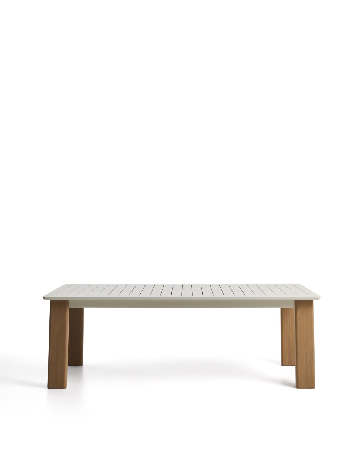 Kave Home Livorno uitschuifbare tafel van beige aluminium en poten met houteffect 233(350) x 100 cm