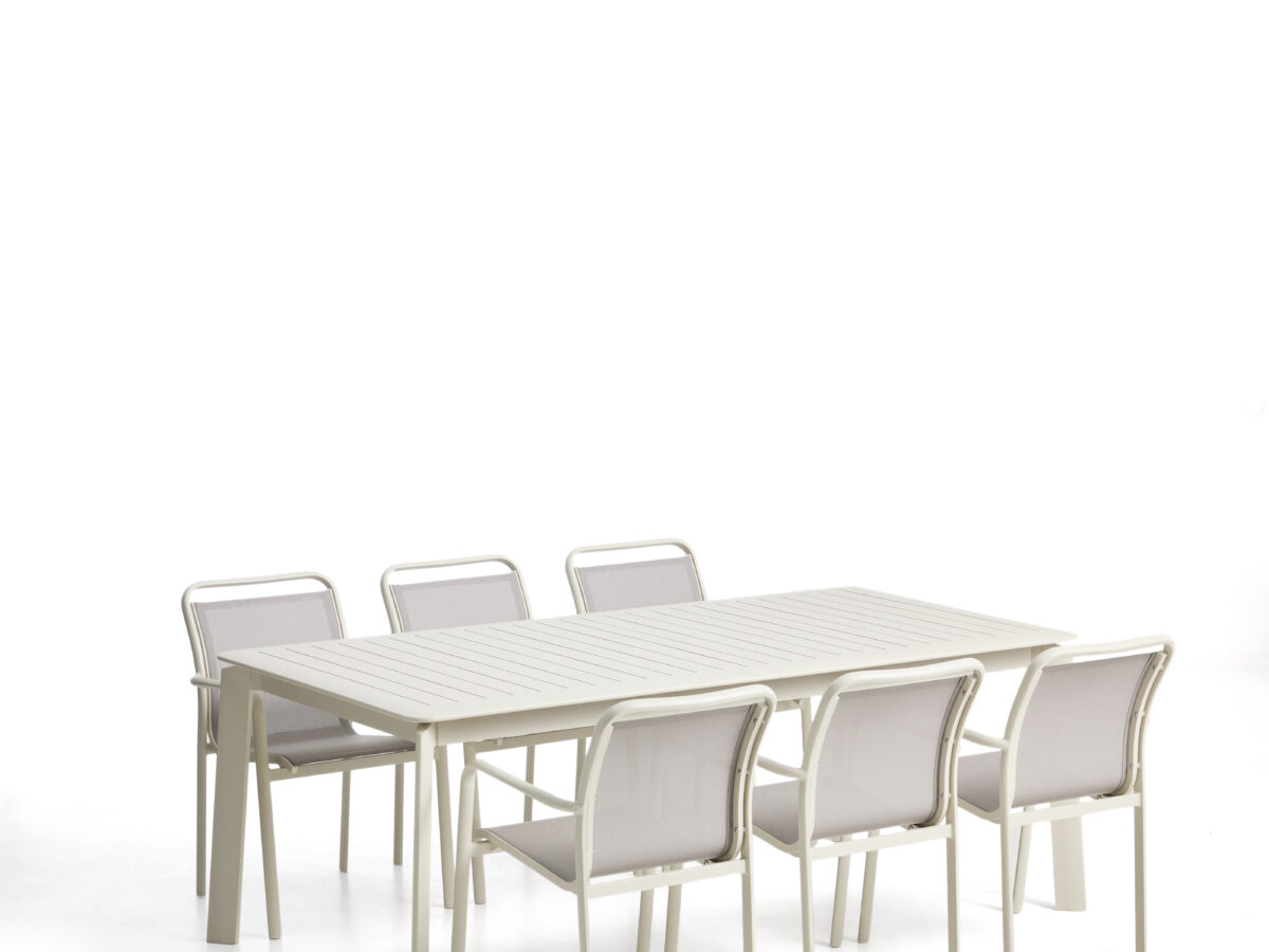 Kave Home Set met Brela uitschuifbare tafel van ecru aluminium en 6 Luri stoelen van ecru aluminium en beige textileen 205(287) x 100 cm