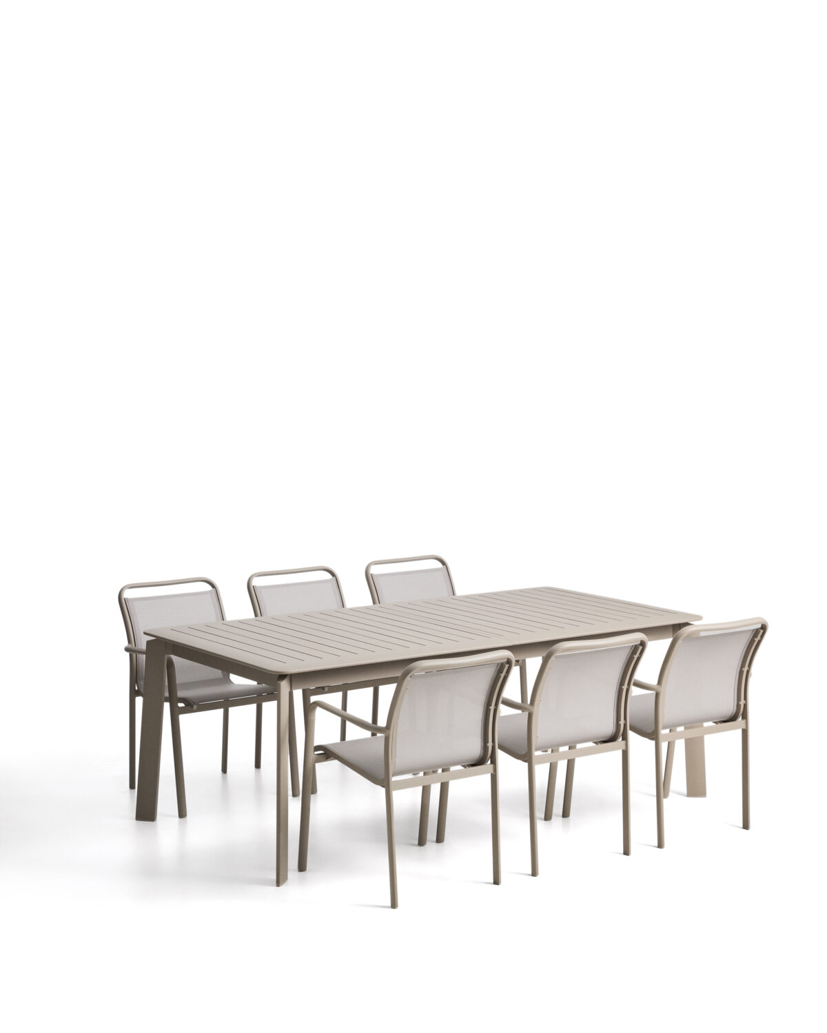 Kave Home Set met Brela uitschuifbare tafel van taupe aluminium en 6 Luri stoelen van taupe aluminium en beige textileen 205(287) x 100 cm