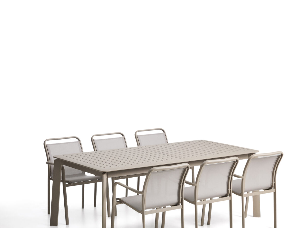 Kave Home Set met Brela uitschuifbare tafel van taupe aluminium en 6 Luri stoelen van taupe aluminium en beige textileen 205(287) x 100 cm