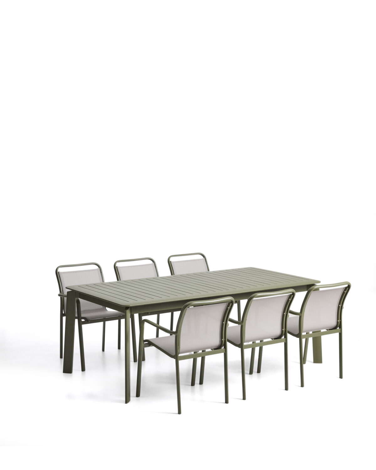 Kave Home Set met Brela uitschuifbare tafel van groen aluminium en 6 stapelbare Luri stoelen van groen aluminium en beige textileen 205(287) x 100 cm