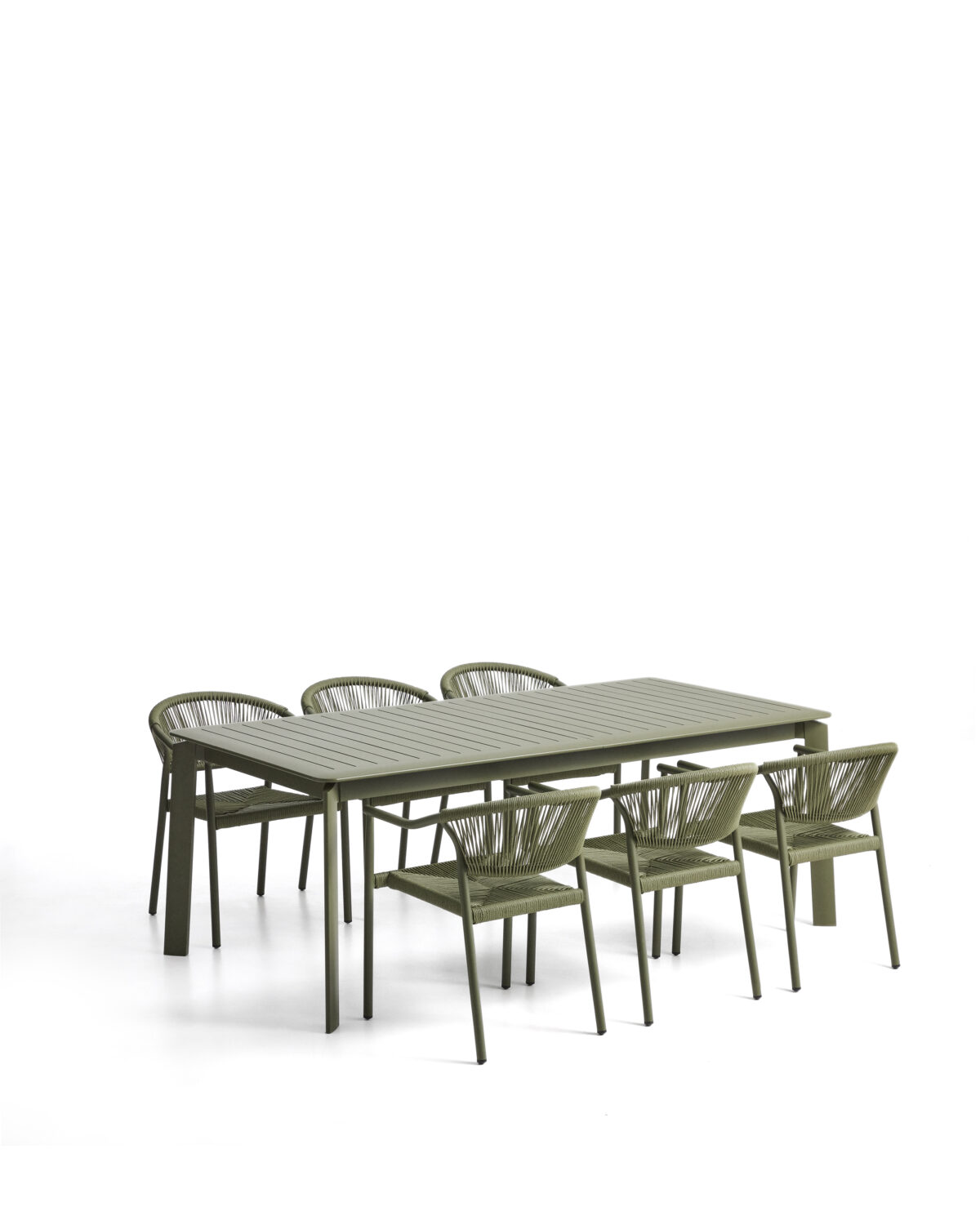 Kave Home Set met Brela uitschuifbare tafel van aluminium en 6 Livadia stapelbare stoelen van aluminium en synthetisch groen touw 205(287) x 100 cm - Afbeelding 2