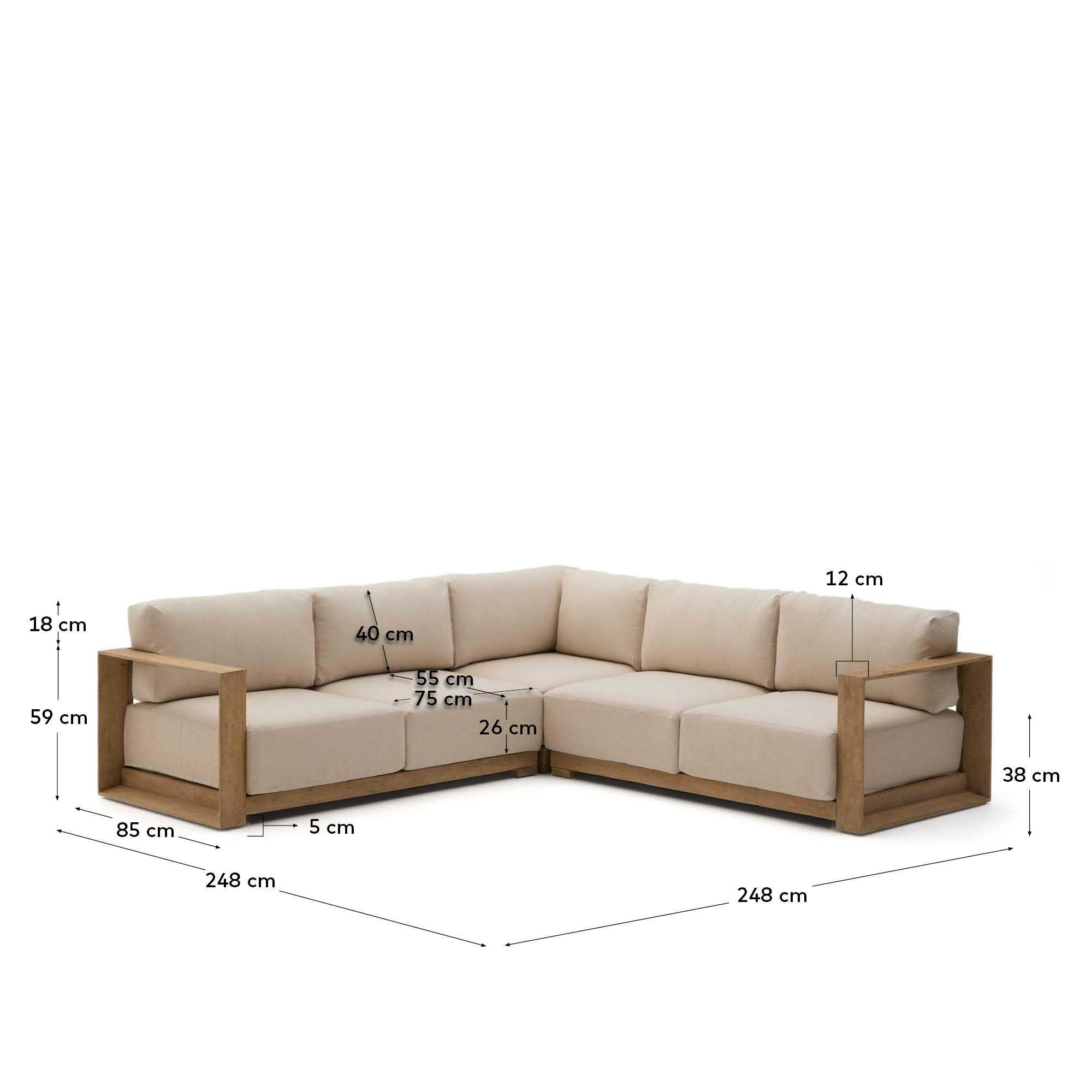 Kave Home Ambra 5-zitshoekbank in massief acaciahout met klare afwerking 248 cm FSC 100% - Afbeelding 9