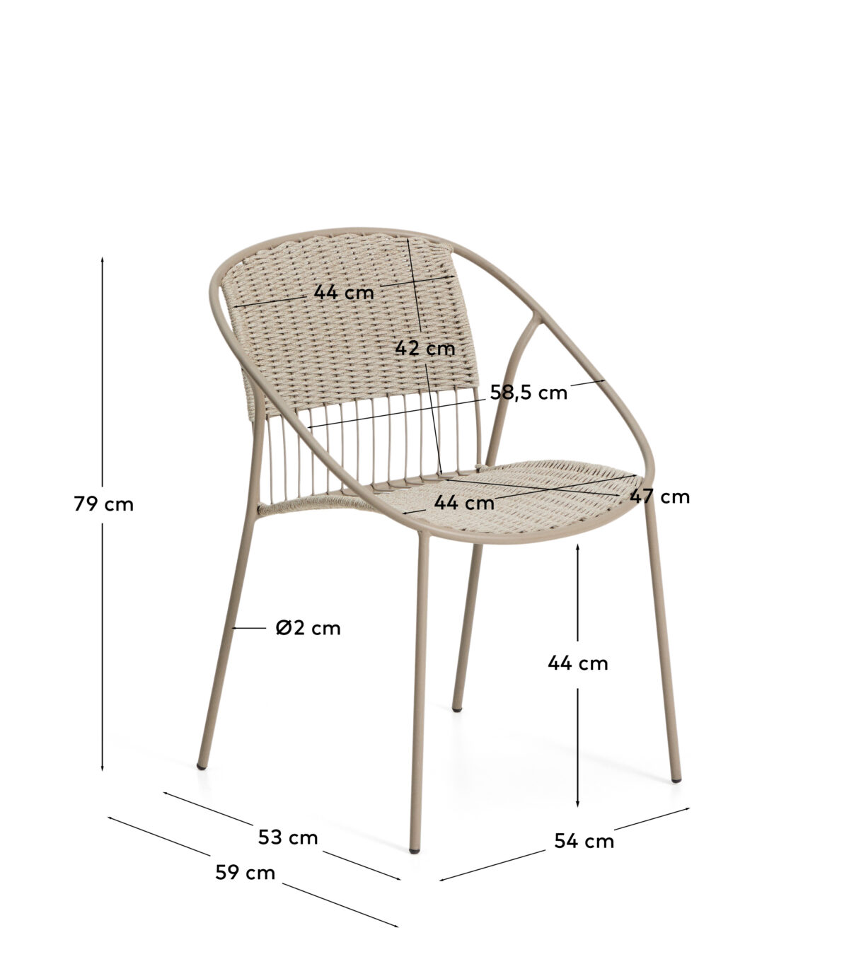 Kave Home Atrani stapelbare outdoor stoel van gegalvaniseerd staal en taupekleurig touw - Afbeelding 9